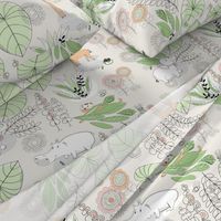 Safari BABY ANIMAL WallPAPER LINE ARTWORK GREEN AND PEACH-01