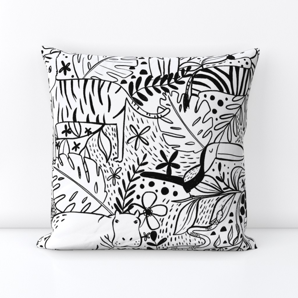 Jungle Hide and Seek - black and white jungle animal line drawings