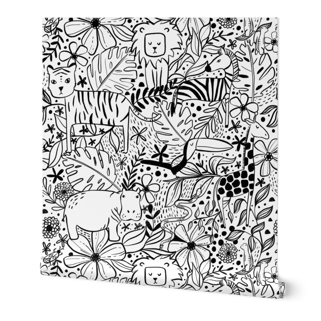 Jungle Hide and Seek - black and white jungle animal line drawings