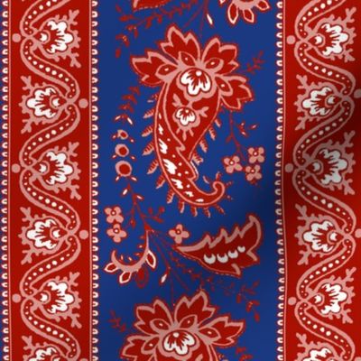 Esmeralda Paisley Stripe ~ Turkey Red and White on Willow Ware Blue 