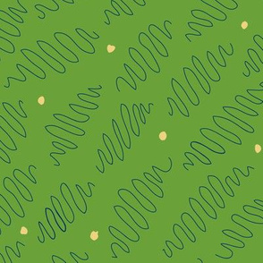 Blue squiggle lines on green with yellow dots