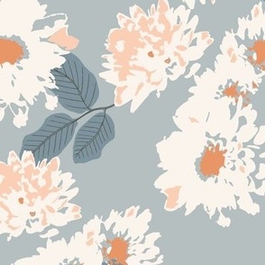 Evergreen Memory blue grey orange /  abstract floral elegant pattern