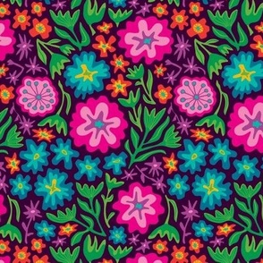 Sayulita 70s Mexican-Inspired Tropical Floral Botanical in Bright Rainbow Colours on Deep Purple - SMALL Scale - UnBlink Studio by Jackie Tahara