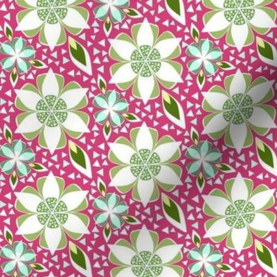 Mosaic Tropical Floral in Pink, Green 