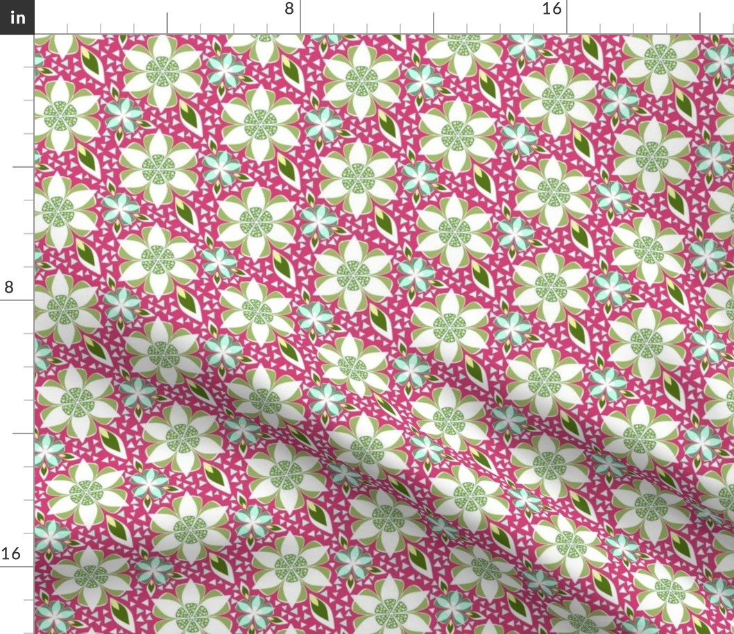 Mosaic Tropical Floral in Pink, Green 