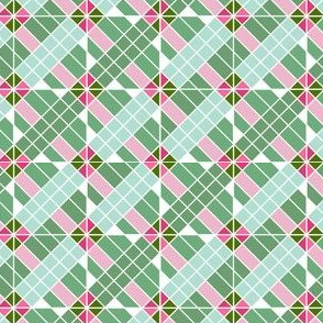 Patchwork Quilt Block Grid, Green, Pink