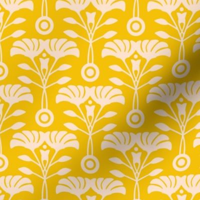 Art Nouveau Retro Vintage Floral Cottage Botanical in Ecru Cream on Bright Yellow - SMALL Scale  - UnBlink Studio by Jackie Tahara