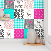 Farm//Love you till the cows come home//Hot Pink&Turq - Wholecloth Cheater Quilt 