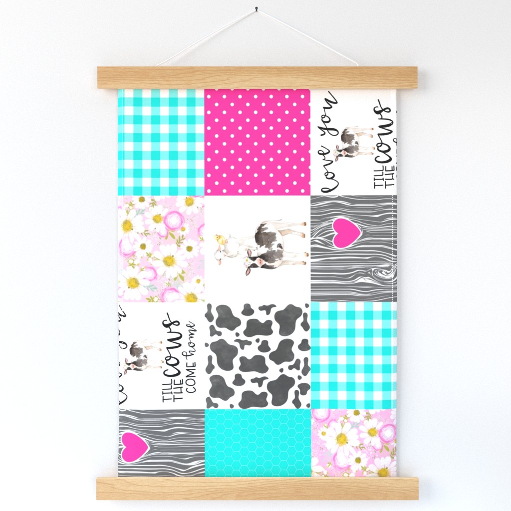 Farm//Love you till the cows come home//Hot Pink&Turq - Wholecloth Cheater Quilt - Rotated