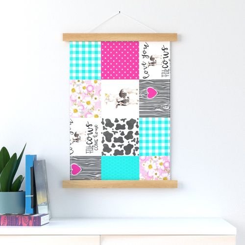 Farm//Love you till the cows come home//Hot Pink&Turq - Wholecloth Cheater Quilt - Rotated