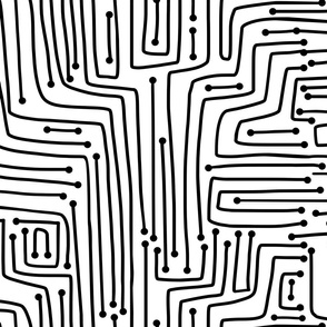 Computer circuit board. Abstract lines, black on white fabric design. 