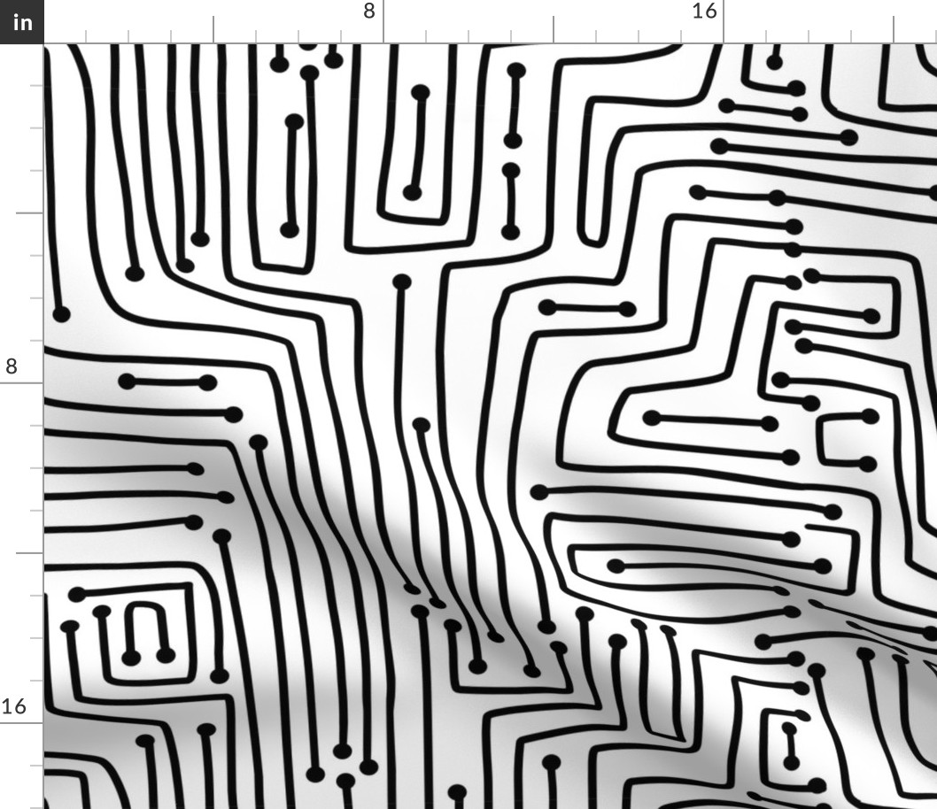 Computer circuit board. Abstract lines, black on white fabric design. 