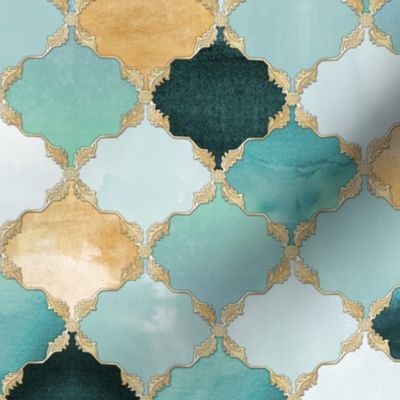 Floral Watercolor Moroccan Tile light teal