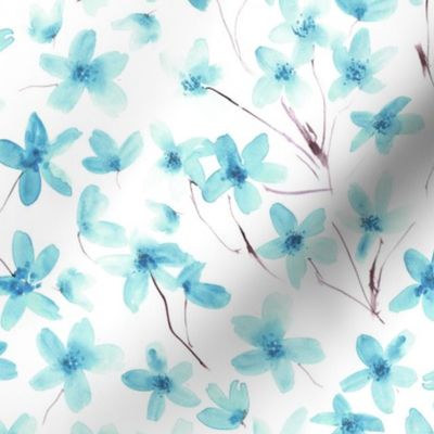 Aqua blue dainty cherry blossom - watercolor flowers for modern home decor, bedding, nursery
