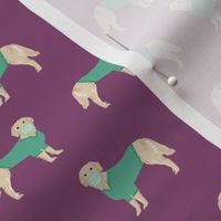 golden retriever in scrubs fabric - dogs in scrubs, vet, dentist, nurse fabric -purple