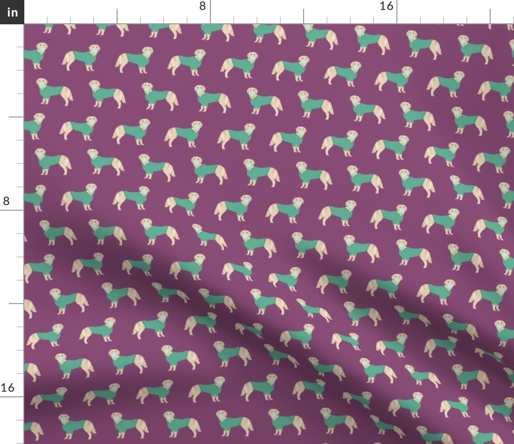 golden retriever in scrubs fabric - dogs in scrubs, vet, dentist, nurse fabric -purple