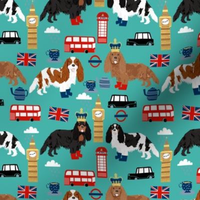 cavalier kc spaniel in london fabric - dog fabric, travel fabric, dogs - turquoise