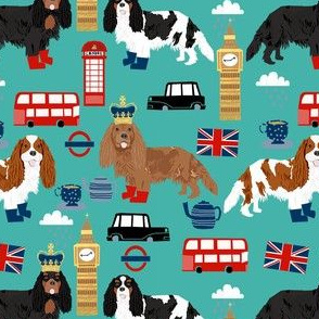 cavalier kc spaniel in london fabric - dog fabric, travel fabric, dogs - turquoise