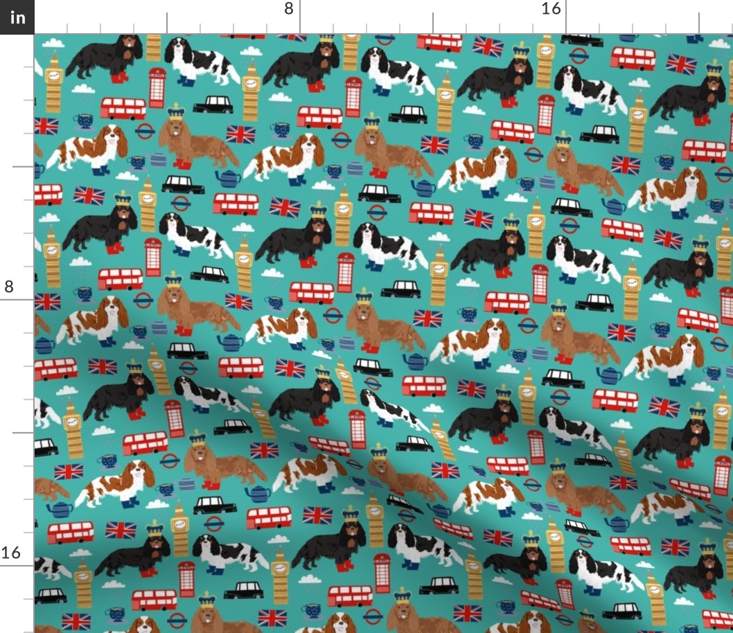 cavalier kc spaniel in london fabric - dog fabric, travel fabric, dogs - turquoise