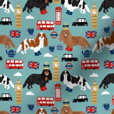 cavalier kc spaniel in london fabric - dog fabric, travel fabric, dogs - blue
