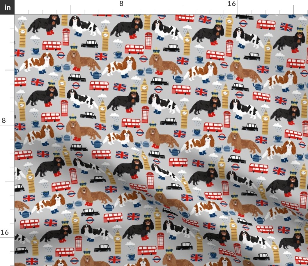 cavalier kc spaniel in london fabric - dog fabric, travel fabric, dogs - grey