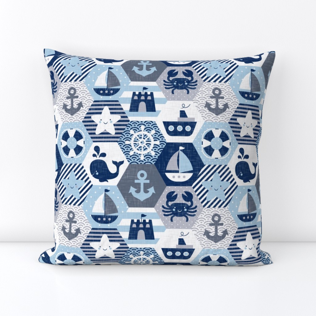 Nautical Baby Hexagonal Quilt / Blue Grey White Linen Texture / Large Scale