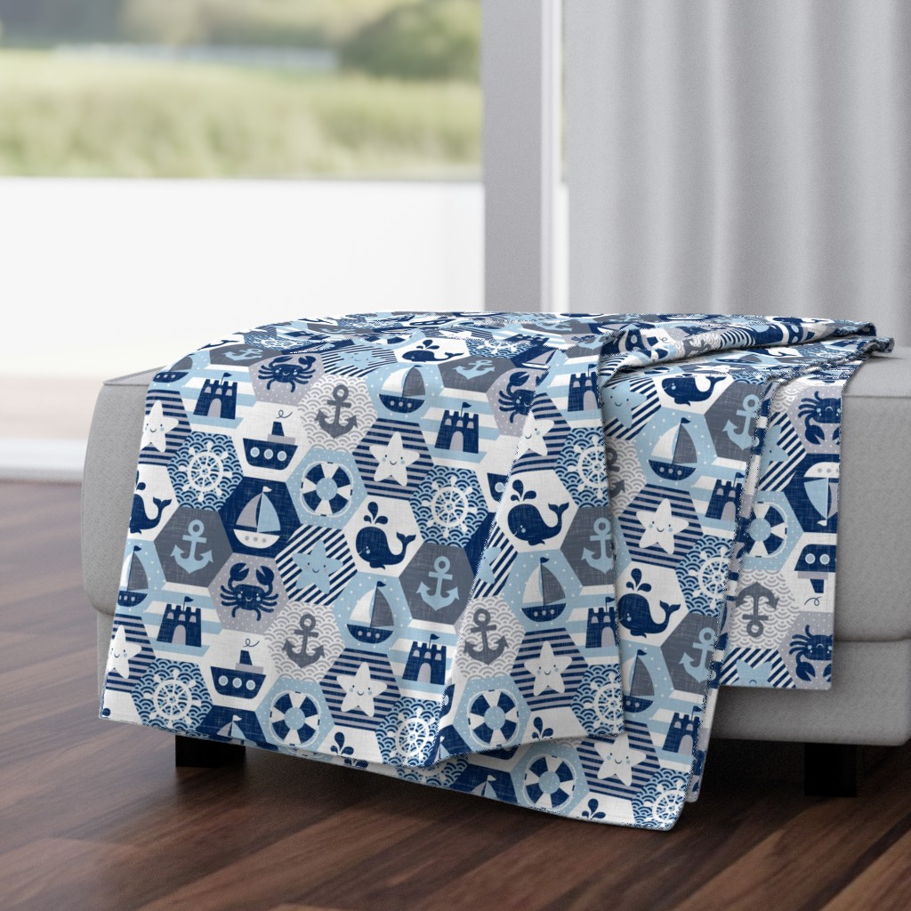 Nautical Baby Hexagonal Quilt / Blue Grey White Linen Texture / Large Scale