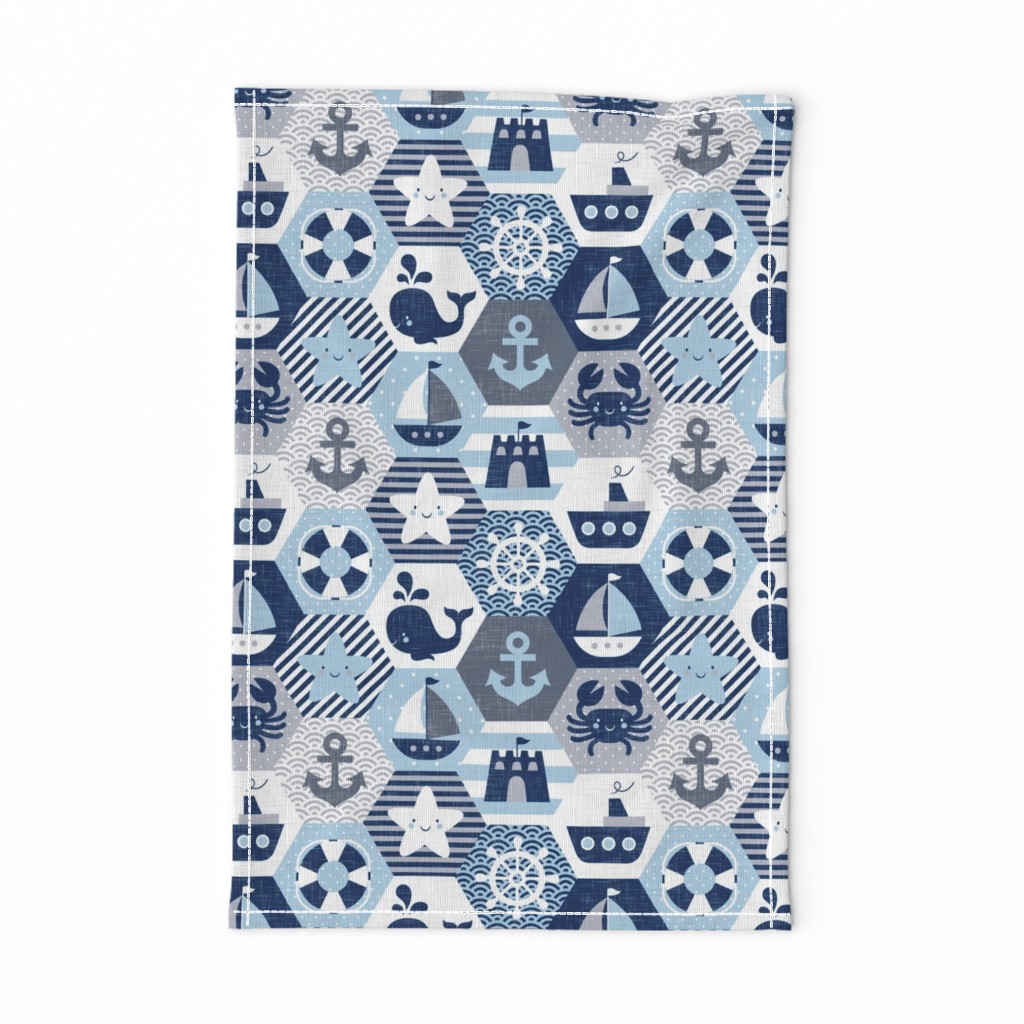 Nautical Baby Hexagonal Quilt / Blue Grey White Linen Texture / Large Scale