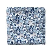 Nautical Baby Hexagonal Quilt / Blue Grey White Linen Texture / Large Scale