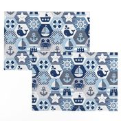 Nautical Baby Hexagonal Quilt / Blue Grey White Linen Texture / Large Scale