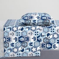 Nautical Baby Hexagonal Quilt / Blue Grey White Linen Texture / Large Scale