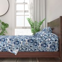 Nautical Baby Hexagonal Quilt / Blue Grey White Linen Texture / Large Scale