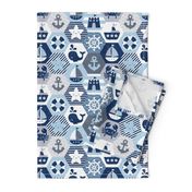 Nautical Baby Hexagonal Quilt / Blue Grey White Linen Texture / Large Scale