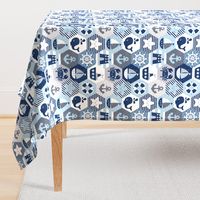 Nautical Baby Hexagonal Quilt / Blue Grey White Linen Texture / Large Scale