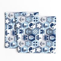 Nautical Baby Hexagonal Quilt / Blue Grey White Linen Texture / Large Scale