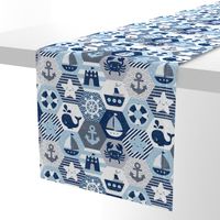 Nautical Baby Hexagonal Quilt / Blue Grey White Linen Texture / Large Scale