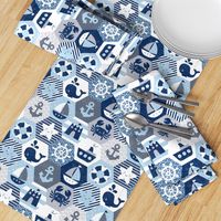 Nautical Baby Hexagonal Quilt / Blue Grey White Linen Texture / Large Scale