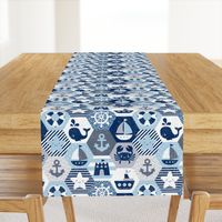 Nautical Baby Hexagonal Quilt / Blue Grey White Linen Texture / Large Scale