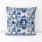 Nautical Baby Hexagonal Quilt / Blue Grey White Linen Texture / Large Scale