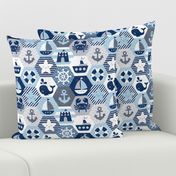 Nautical Baby Hexagonal Quilt / Blue Grey White Linen Texture / Large Scale