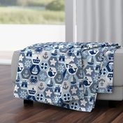 Nautical Baby Hexagonal Quilt / Blue Grey White Linen Texture / Large Scale