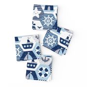 Nautical Baby Hexagonal Quilt / Blue Grey White Linen Texture / Large Scale
