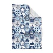 Nautical Baby Hexagonal Quilt / Blue Grey White Linen Texture / Large Scale