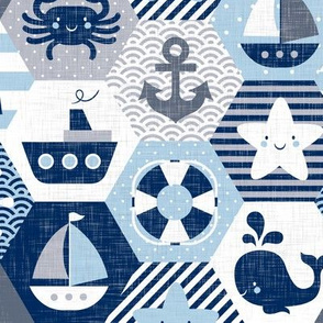 Nautical Baby Hexagonal Quilt / Blue Grey White Linen Texture / Large Scale