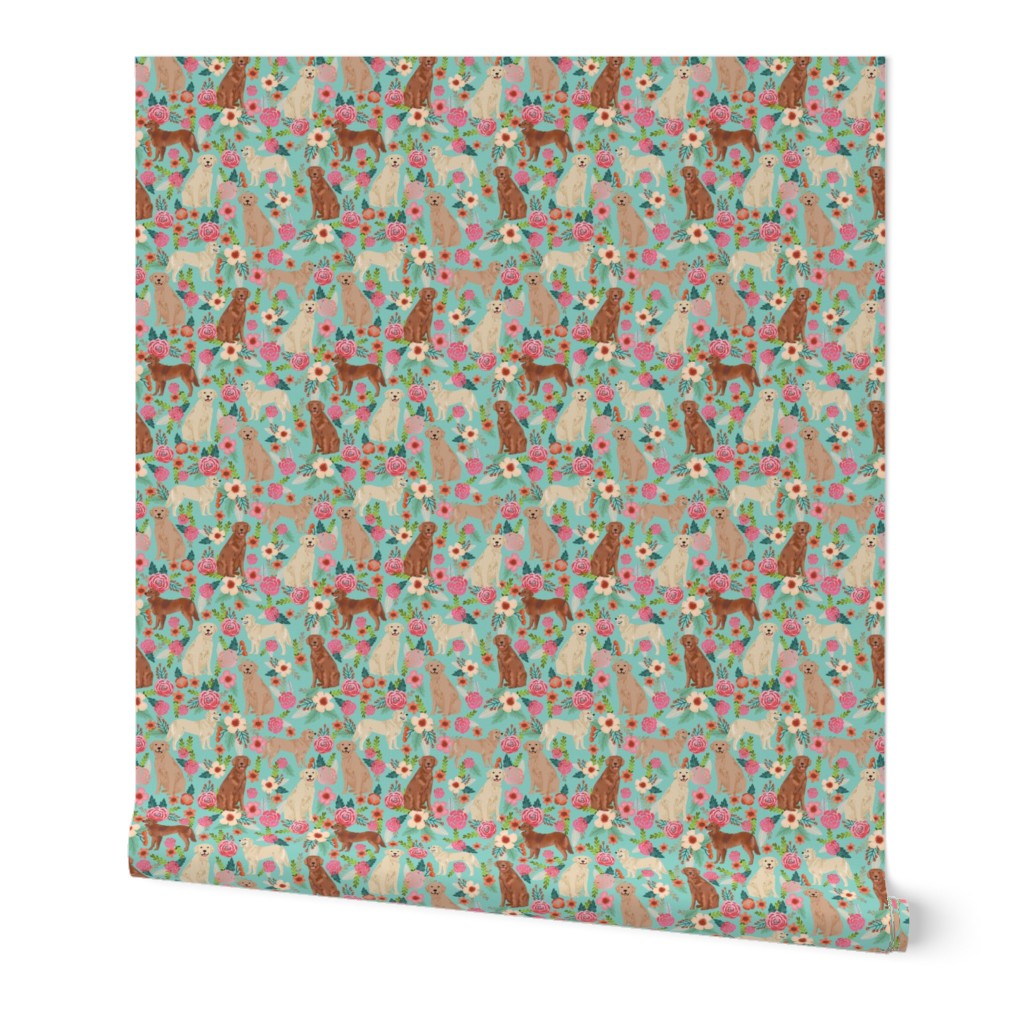 golden retriever florals fabric  - mixed coat colors - mint