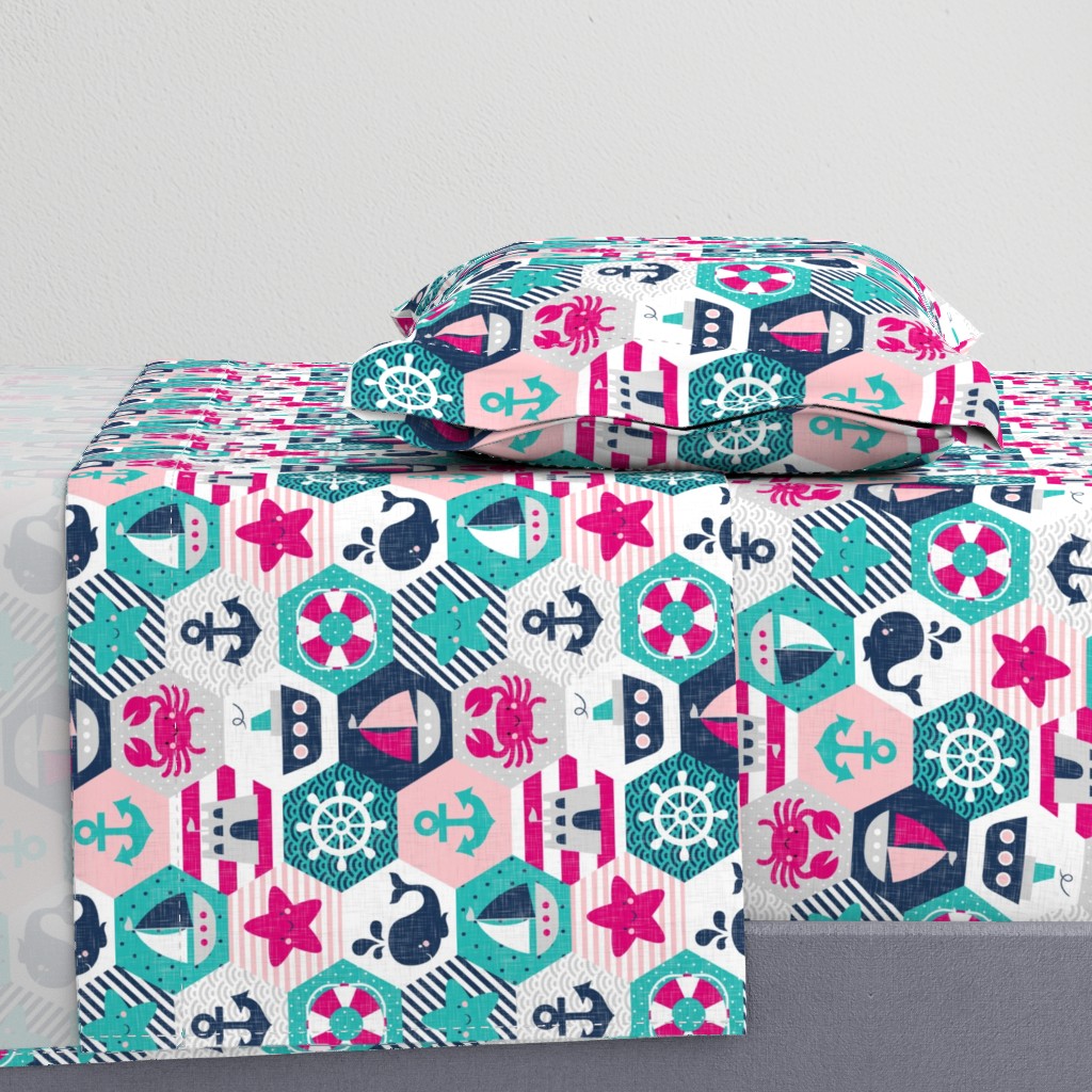 Nautical Baby Hexagonal Quilt / Pink Blue White Linen Texture / Large Scale