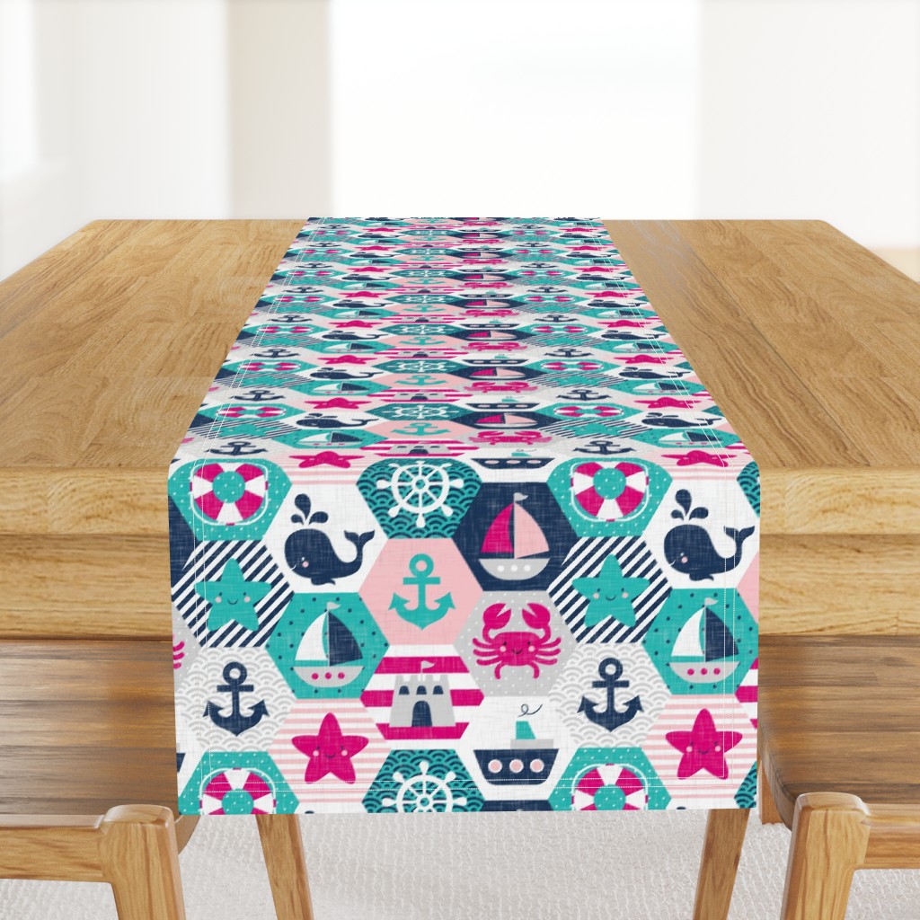 Nautical Baby Hexagonal Quilt / Pink Blue White Linen Texture / Large Scale