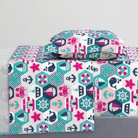 Nautical Baby Hexagonal Quilt / Pink Blue White Linen Texture / Large Scale