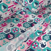 Nautical Baby Hexagonal Quilt / Pink Blue White Linen Texture / Large Scale