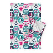 Nautical Baby Hexagonal Quilt / Pink Blue White Linen Texture / Large Scale